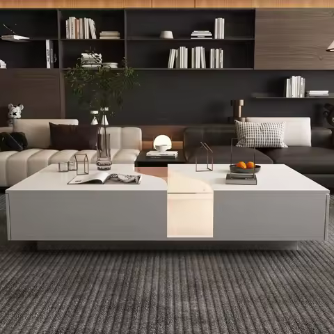 FUFU&GAGA 55.1'' Wide Modern Coffee Table With 2 Drawers & LED Lights, Coffee Table With Spacious Ta