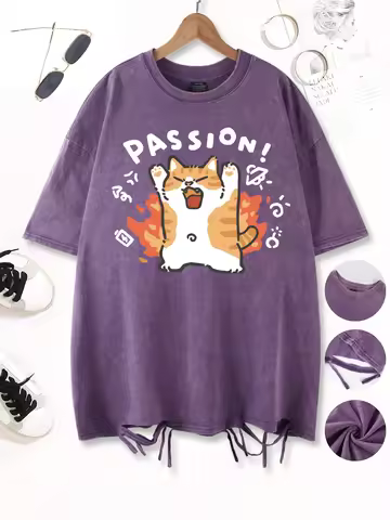 A Passionate Little Orange Cat Design Washed Holes T Shirt Woman Breathable Hip Hop T-Shirts Cotton 