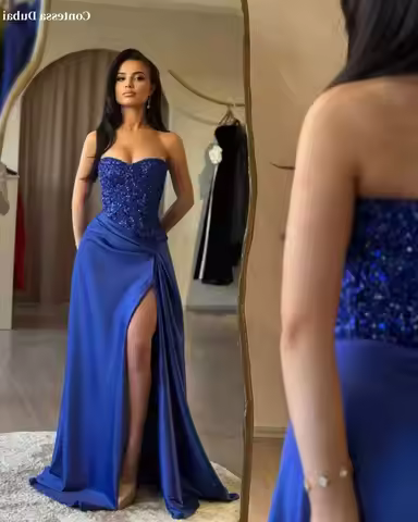 Contessa Dubai customized Royal Blue Strapless prom party dress Side Slit Glitter vestidos de noche 