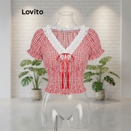 (trendy3)Lovito Cute Gingham Lace Smocked Blouse for Women L177AD248