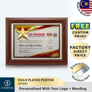 (JS Pewter)7" X 9"Award Plaque Sijil Penghargaan Pewter Star | Personalised Service | Souvenir Malay