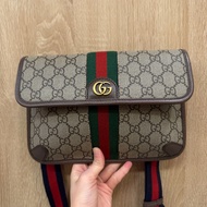Gucci PVC咖牛皮Ophidia GG藍紅藍織帶胸口要包