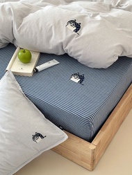 條紋喵喵  單人雙人床單/床包 手繪貓咪40支純棉床品 可加購被套