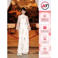 Innovative ao dai, embroidered silk ao dai with 4 high neck panels, size S - 3XL