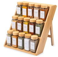 KHOME.PH Glass Spice Jars Set with 3-Tier Bamboo Storage Rack Kitchen Condiments Organizer Shelves S