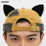SMILE Melon Docker Cap, Rolled Cuff Hip Hop Brimless Hat,  Fashion Cute Cat Ears Solid Color Adjusta