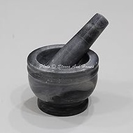 Stones And Homes Indian Grey Mortar and Pestle Set Big Bowl Marble Medicine Pills Stone Grinder for Home and Kitchen 4 Inch Polished Robust Round Pill Crusher Herbs Spice Grinder - (10 x 8 cm)