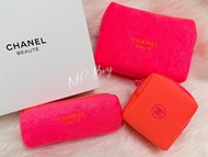⭐️Chanel Beauty⭐️螢光粉橙色毛巾潛水質料化妝袋三件套 洗漱包 化妝包 收納包 筆袋