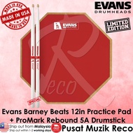 Evans Limited Edition Barney Beats 12in RealFeel Drum Practice Pad with White ProMark Rebound 5A Dru