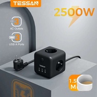 ปลั๊กไฟซ็อกเก็ตสีดำ TESSAN พร้อมสวิตช์เต้าเสียบ3ทาง (2500W / 10A) และ3พอร์ต USB สาย1.5M สำหรับบ้านสำ