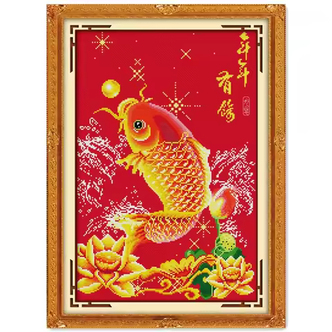 Fish lotus Blessing happiness cross stitch kit Chinese word aida 18ct 14ct 11ct count red canvas emb