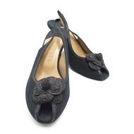CHANEL 涼鞋鞋跟穆勒山茶花帆布黑色二手女式尺寸 40 CC Coco