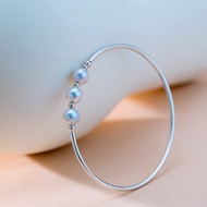 Akoya 銀藍色 三珠 18K白金 記憶彈性手鐲