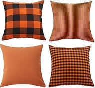 Cushion Covers, 65x65cm Set of 4, Orange Black Checkered Soft Velvet Throw Pillow Cases 26x26in, Square Sofa Cushion Cover with Invisible Zipper for Couch Bed Car Bedroom Home Decor