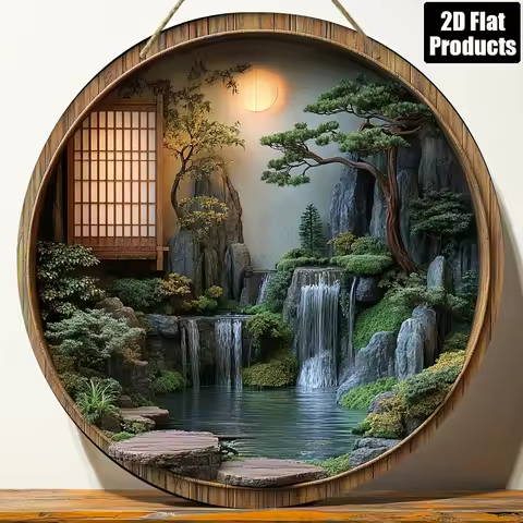 2D Flat, Round Wooden Decorative Sign, Japanese Zen Garden Water Feature Theme, Suitable for Bar Kit