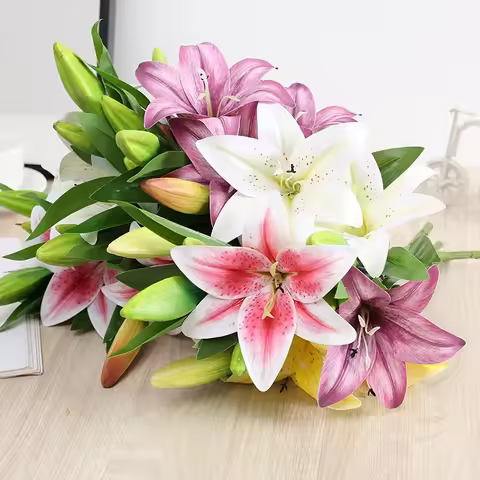 41cm 3 Head Artificial Lily Flower 3D Fake Flower Wedding Living Room Home Decoration Artificial Flo