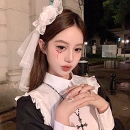 Super Fairy Lolita Headdress White Veil Female Lolita Veil Rose Hair Clip Lace Side Clip cos Hair Ac