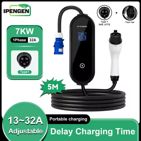 IPENGEN Type1 7KW Portable EV Charger 5M Cable EVSE Charging CEE Plug for Electric Car 13A-16A-20A-2