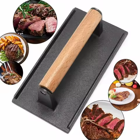 Kitchen Heavy Cast Flat Iron Steak Weight/Bacon Press with Wooden Handle, Heavy-Weight Grill Press C