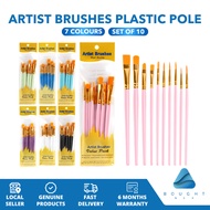 Artist Brushes Plastic Pole Set of 10 Ideal for Acrylic Paint Oil Watercolor Flat Round Tips Profess