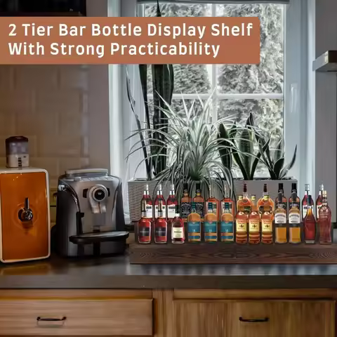 Bottle Display Shelf 2 Pack, Wood Bar Bottle Shelves,Tabletop Wine Rack,Tiered Bottle Stand, Bar She