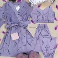 Satin Silk Pajama Set for Women 3-piece Strap Top Pants Lavender Printed Sleepwear Autumn Pyjamas Ho