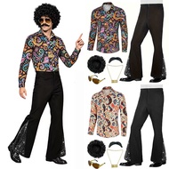 Hippie Costume Mens Outfit Set 60s 70s Hippie Adult Disco Singer Dance Party Shirt And Shiny Bell Bo