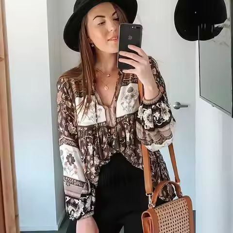 Super Chic long sleeve boho blouse women tassle floral bohemian women long sleeve shirts rayon summe