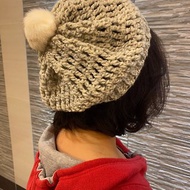 純手工編織毛帽 - 貝蕾帽 毛球可拆 僅此一頂 白灰花