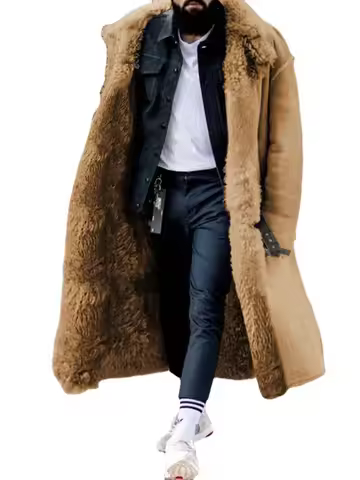 Winter Men Long Plush Lined Jacket Autumn Plush Thick Coats Trendy Winter Overcoat Faux Fur Faux Lea