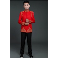 S~3XL Men's Formal Red Coat Chinese Traditional Samfu Embroidered Wedding Wear