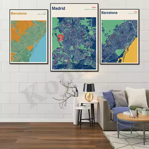 Barcelona. Seville. Bilbao. Madrid. Almeria. Spain City Color Map. Wall Art. Poster
