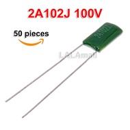 50pcs 2A102J 2A103J 2A104J 100V Polyester Film Capacitor 1nF 10nF 100nF 0.001uF 0.01uF 0.1uF 2A 102J
