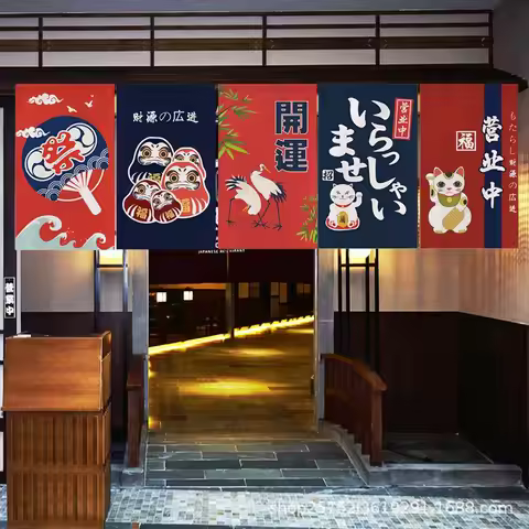 VIKAMA Japanese Ukiyo-e Triangle Flag Curtain, Wave Print, Izakaya Japanese Restaurant Storefront, H