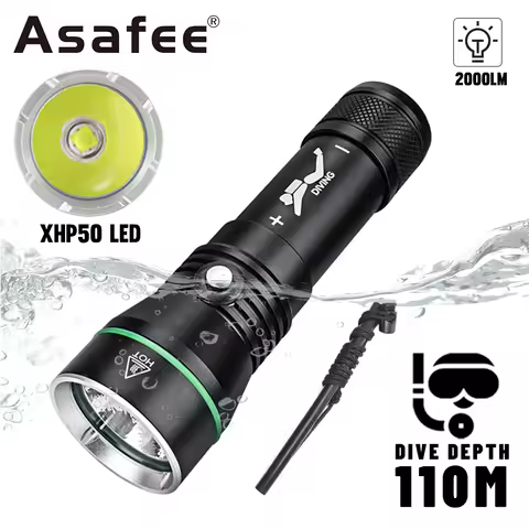Asafee 110M Deep Diving Flashlight 2000 LM XHP50 LED Scuba Flashlight Press Switch Exploration Torch