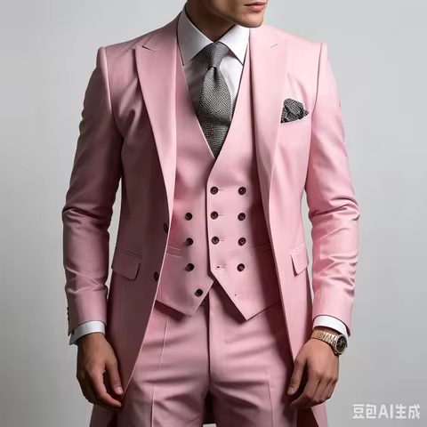 High Quality Pink Men Suits Single Breasted Peak Lapel Customized Wedding 3 Piece Jacket Pants Vets
