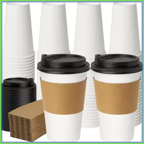 16 oz Disposable Coffee Cups with Lids, 50 Pack Upgraded 300gsm To Go Cups with Sleeves for Hot Beve