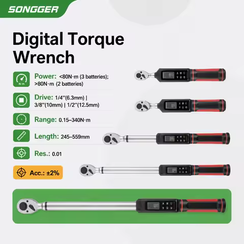 Digital Torque Wrench Battery Powered 1/4" 3/8" 1/2" Drive Sound Light Vibration Triple Alert Dual D