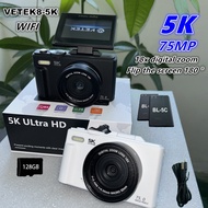 VETEK8-5K Digital Camera 75MP  180°Flip Screen 18X Auto Zoom Portable Selfile Camera Small 5K HD Vid