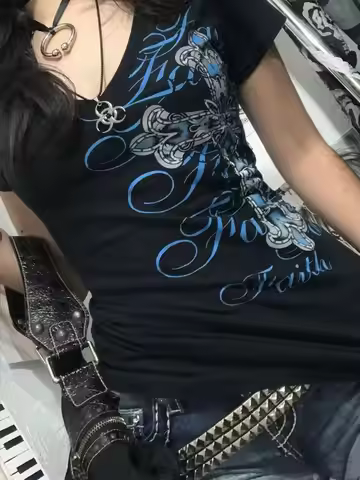 Rock Gothic Streetwear Letter Cross Graphic T shirts Gyaru 2000s Clothes Harajuku Top Women V-neck T