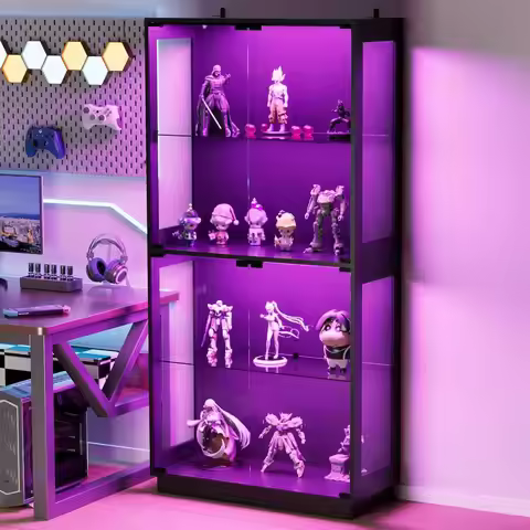 4-Tier LED-Illuminated Glass Display Cabinet for Collectibles, Ideal for Home Entertainment Spaces
