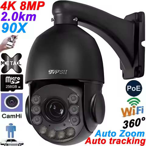 Metal Max.512GB Infared Auto Tracking CamHi H.265+ 8MP 4K 90X 54X Optical Zoom Audio 360° Alarm POE