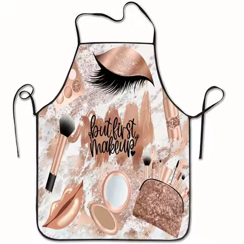 1pc Cosmetics Makeup Tools Illustration Apron - "But First, Makeup" Print, Polyester, Sleeveless, Id