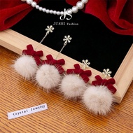 JUSHI Long Red Christmas Earrings with Snowflake Pom Pom Bow Drop Dangle Holiday Party Jewelry for W