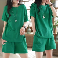 Korean Women Short Sleeve Round Neck T-shirts + Shorts 2pcs Set Wear Two-piece Suit Women Clothes