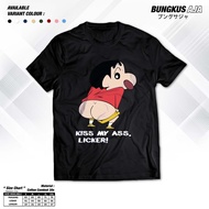 Kaos Crayon Shinchan Kiss My Ass Licker Tshirt Kartun Anime Japan Baju Distro Cotton Combed 30s