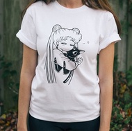 Sailor Moon Usagi Luna Anime T-Shirt Women Kawaii Japanese Anime Tee Casual Loose Printed Tee Shirt