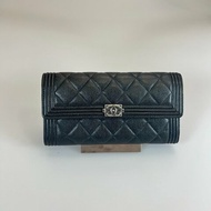 CHANEL BOY長夾 黑荔枝銀扣 A80286/保卡款22開