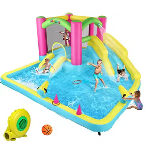 Inflatable Bounce House with Double Water Slide for Age 3-10 Blue Outdoor Indoor Bouncy Castle with