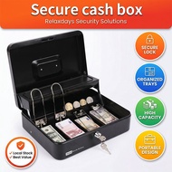 Portable Metal Cash Box with Key Lock Money Safe Petty Cash Organizer Coin Tray Security Lock Box